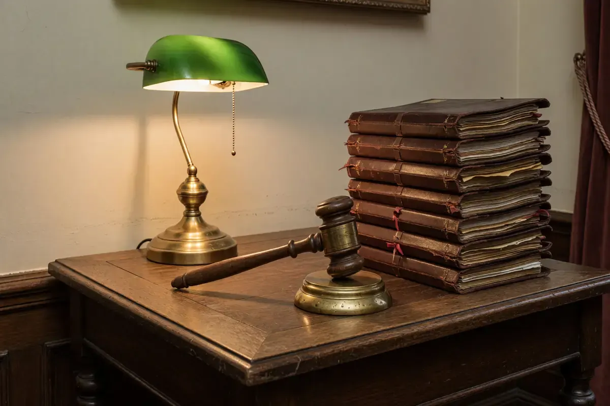 Auction room table with brass gavel and leather portfolios