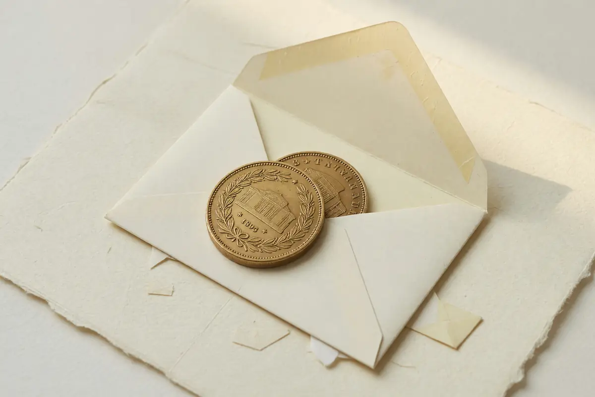 Open welcome envelope with brass commemorative coin