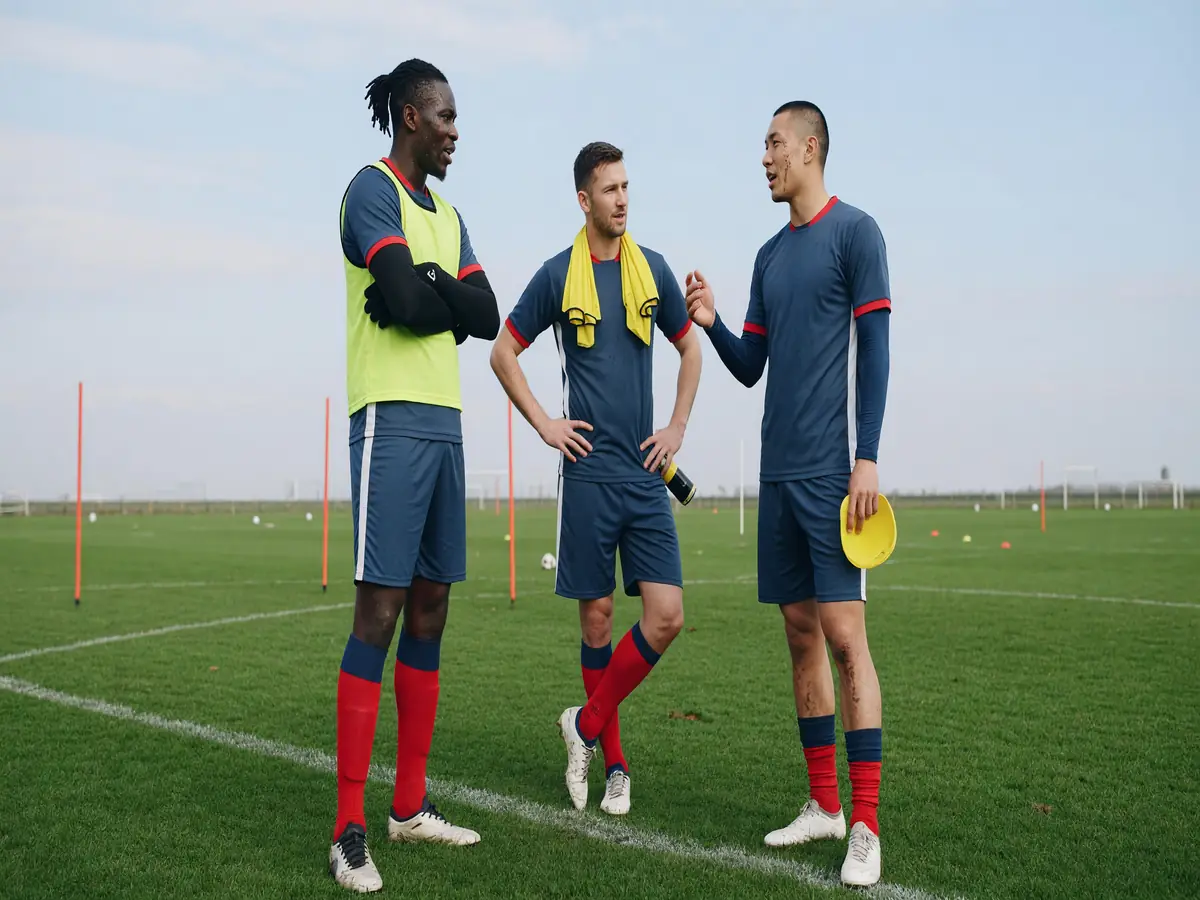 Three football players in training kit on a pitch