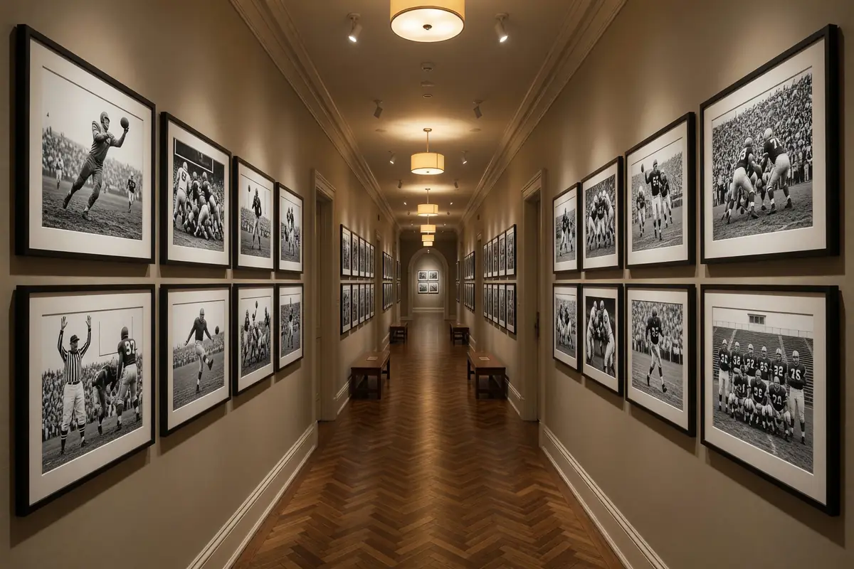 Hall of champions corridor with framed football photographs