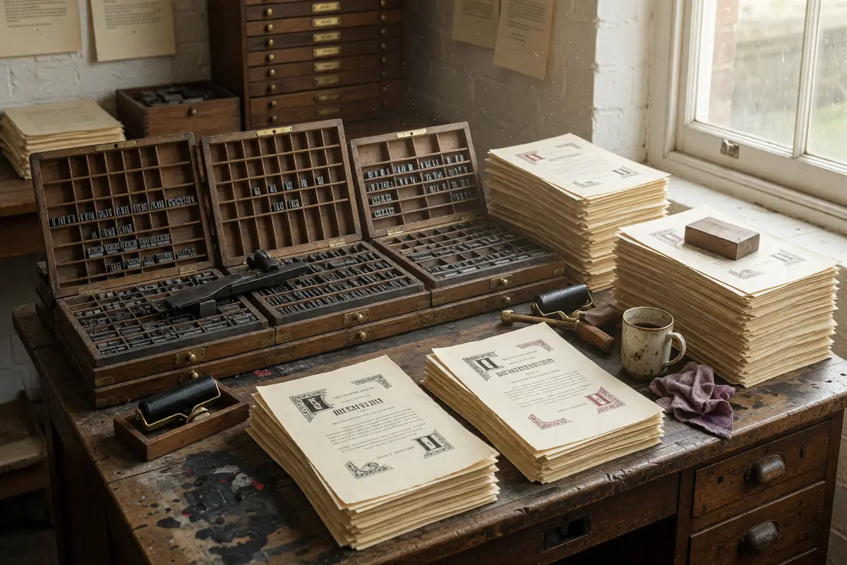 Letterpress printing desk with brass type cases