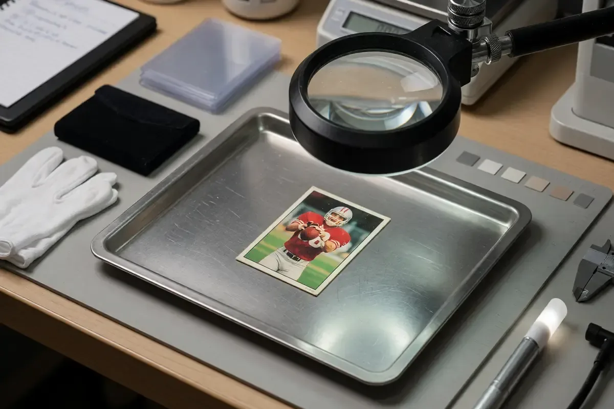 Card grading desk with loupe and inspection tray