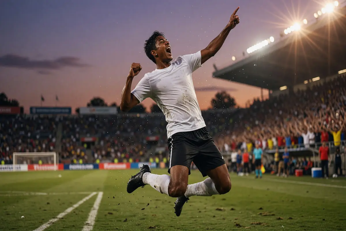 Football striker in mid-celebration leap with arm raised