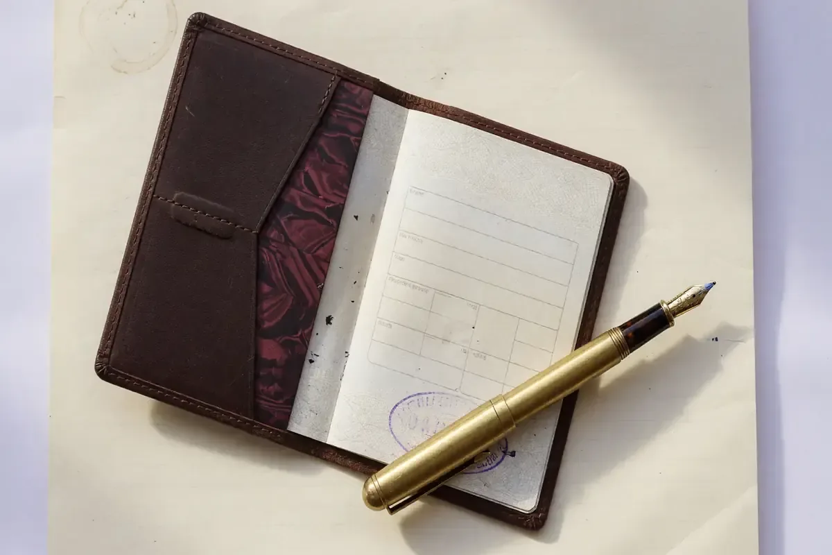 Open passport and brass fountain pen on cream desk